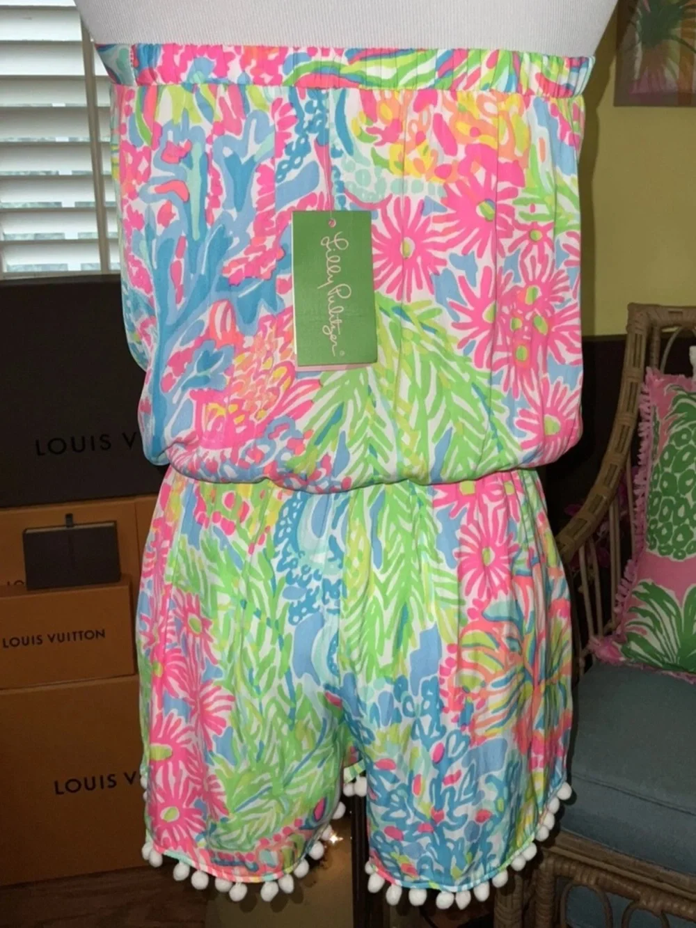 Lilly Pulitzer NWT Daisy Romper Seaspray Blue Lovers Coral Size S Unicorn 🦄 - Picture 5 of 16